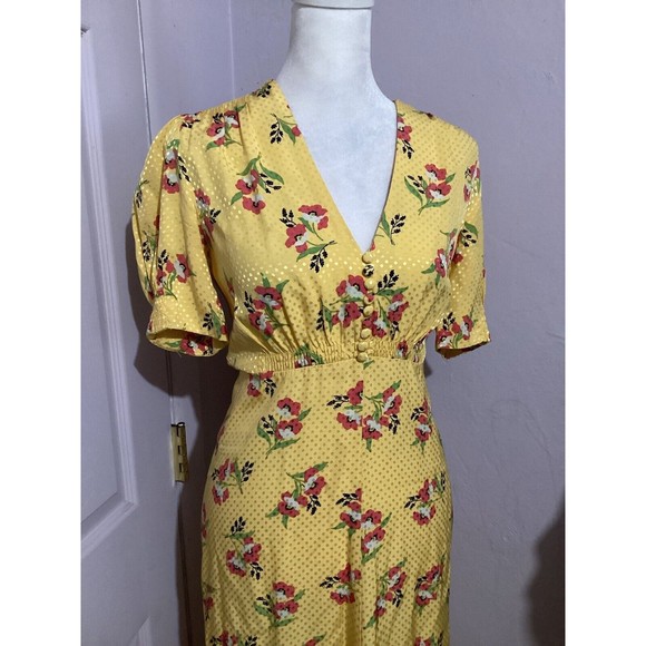 Jill Stuart Puff Sleeve Yellow Floral Fit & Flare MIDI Dress 0 - Picture 2 of 8